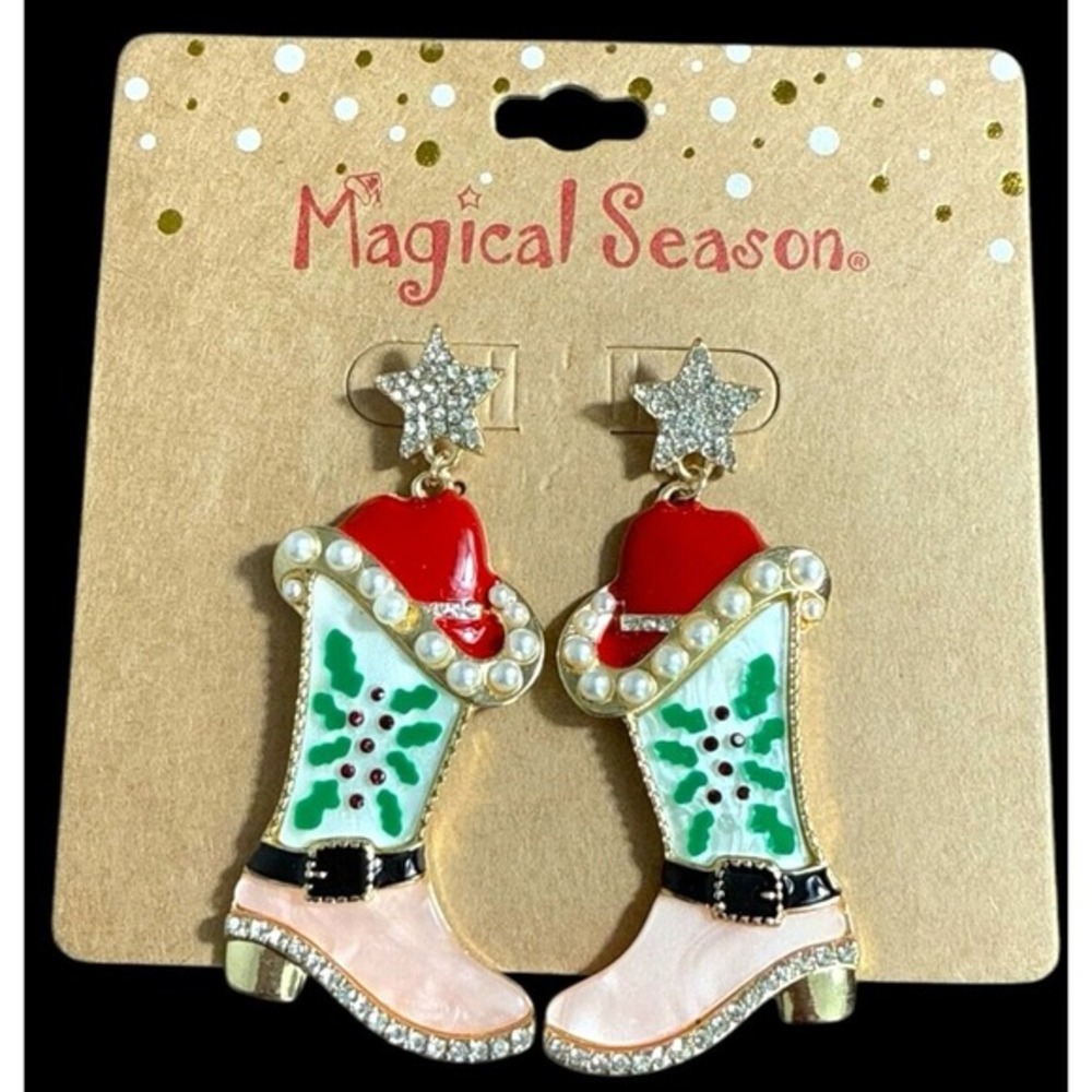 Christmas Magical Season Cowgirl Boots Pearl & Rhinestones Dangling Earrings New